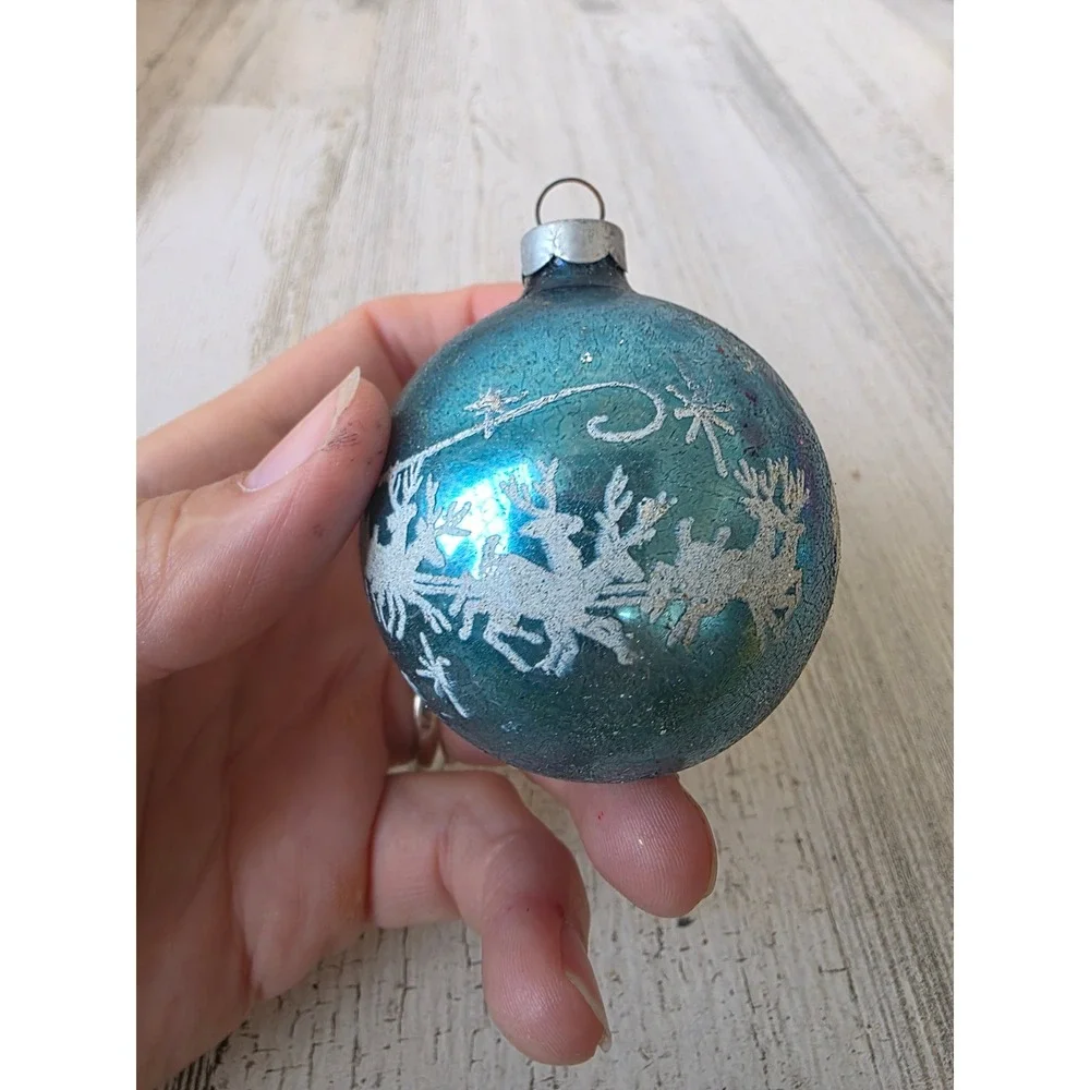 Vintage Santa reindeer stencil blue Glass ornament deer slay Xmas tree